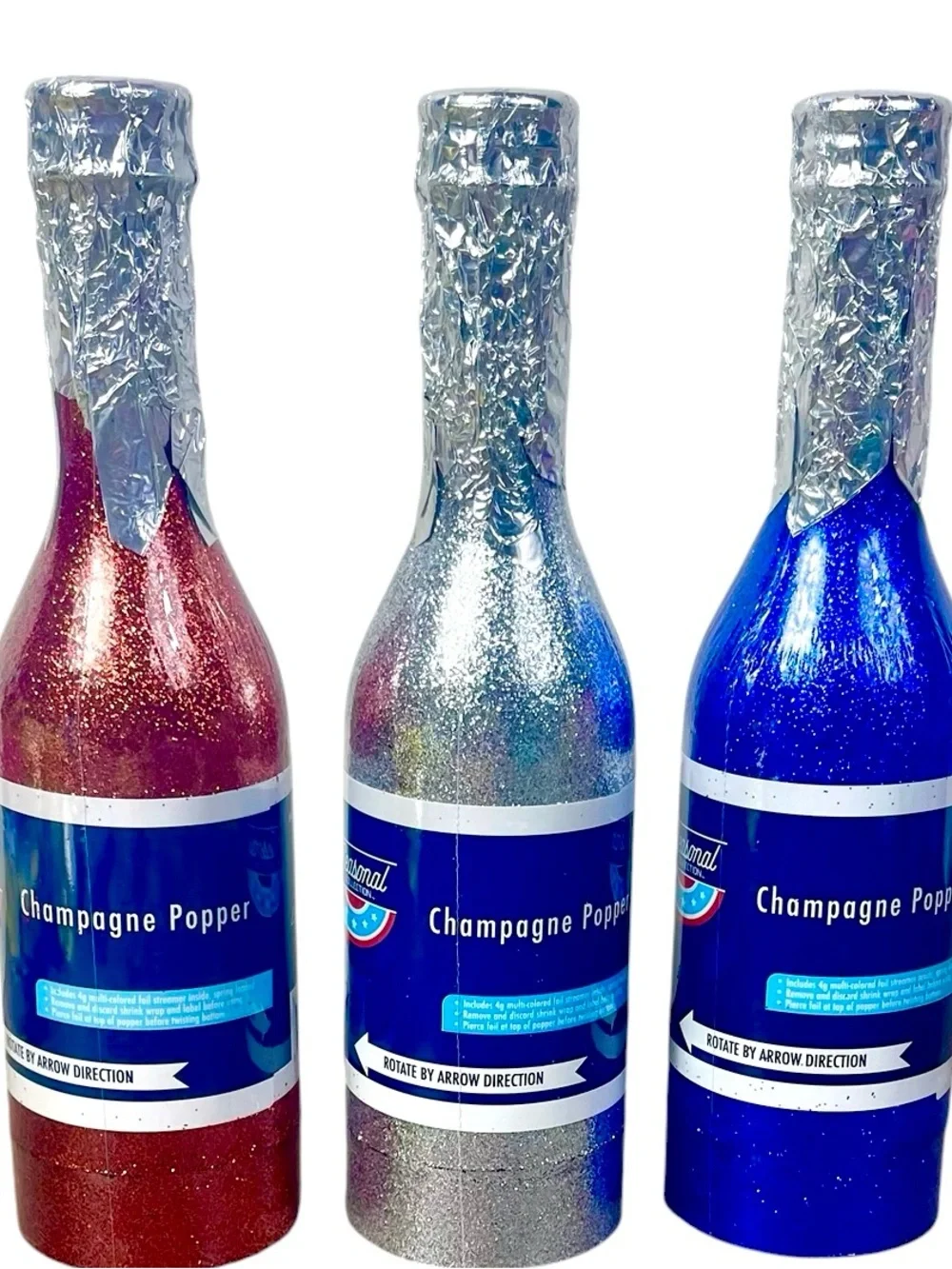 🇺🇸 Glitter Champagne Party Poppers - Red, Silver & Blue